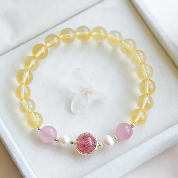 Citrine Strawberry Quartz Beaded Bracelet Handmade Jewelry Women