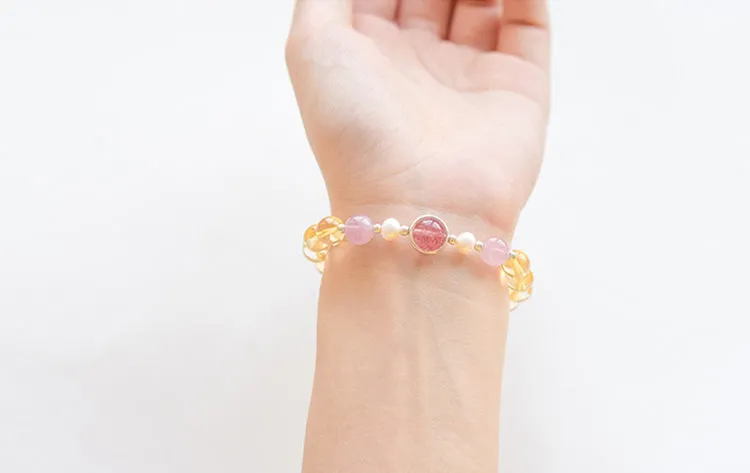 Citrine Strawberry Quartz Beaded Bracelet Handmade Jewelry Women