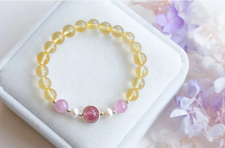 Citrine Strawberry Quartz Beaded Bracelet Handmade Jewelry Women