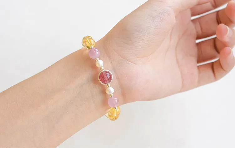 Citrine Strawberry Quartz Beaded Bracelet Handmade Jewelry Women