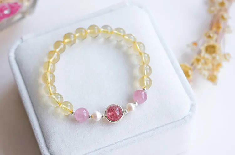 Citrine Strawberry Quartz Beaded Bracelet Handmade Jewelry Women