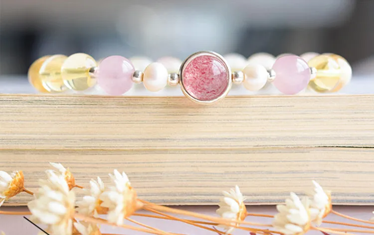 Citrine Strawberry Quartz Beaded Bracelet Handmade Jewelry Women