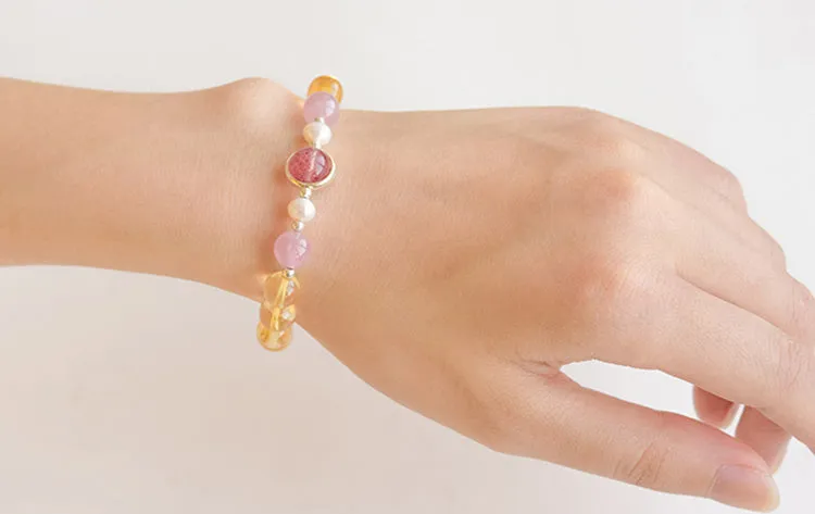 Citrine Strawberry Quartz Beaded Bracelet Handmade Jewelry Women