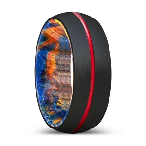 COZMO | Blue & Yellow/Orange Wood, Black Tungsten Ring, Red Groove, Domed