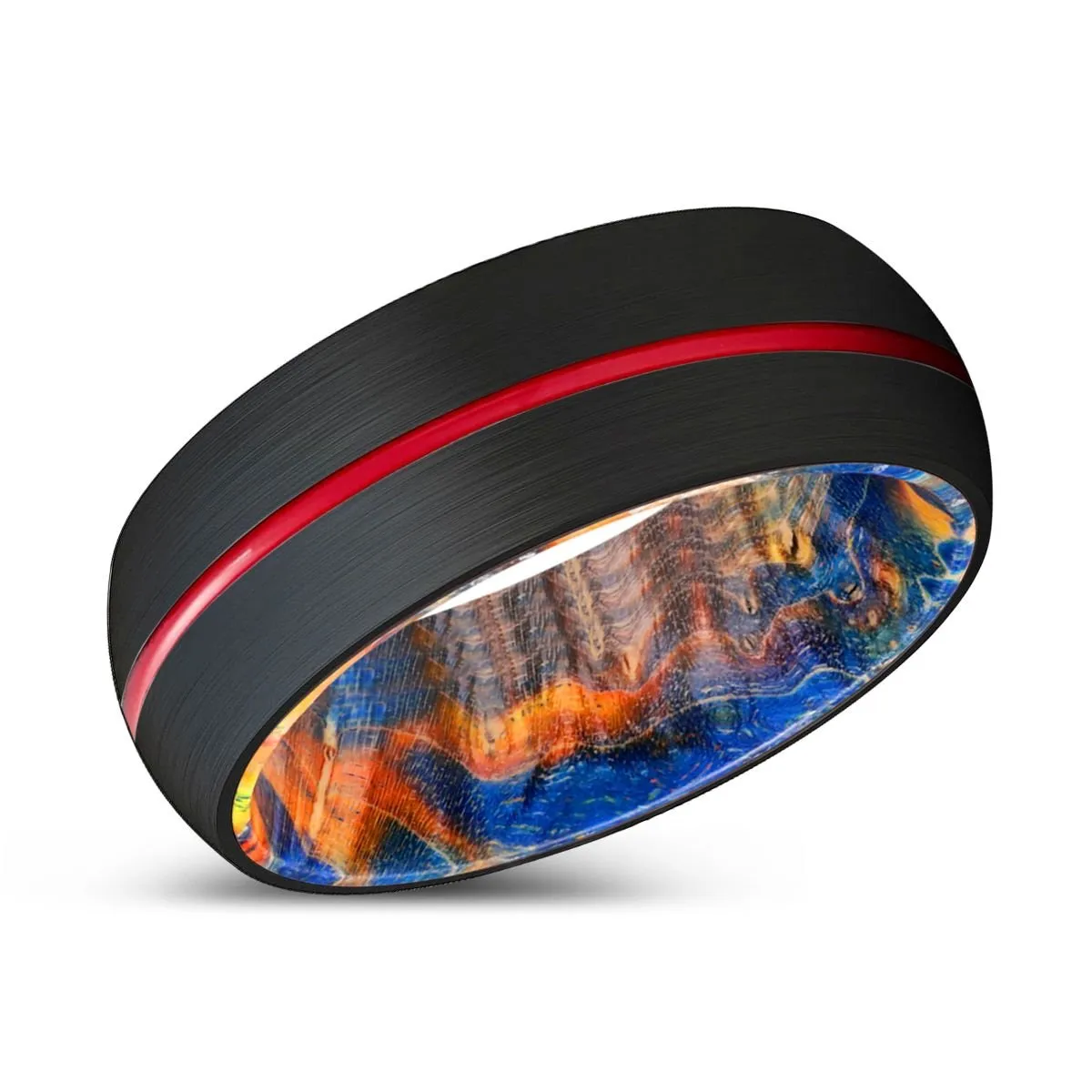 COZMO | Blue & Yellow/Orange Wood, Black Tungsten Ring, Red Groove, Domed