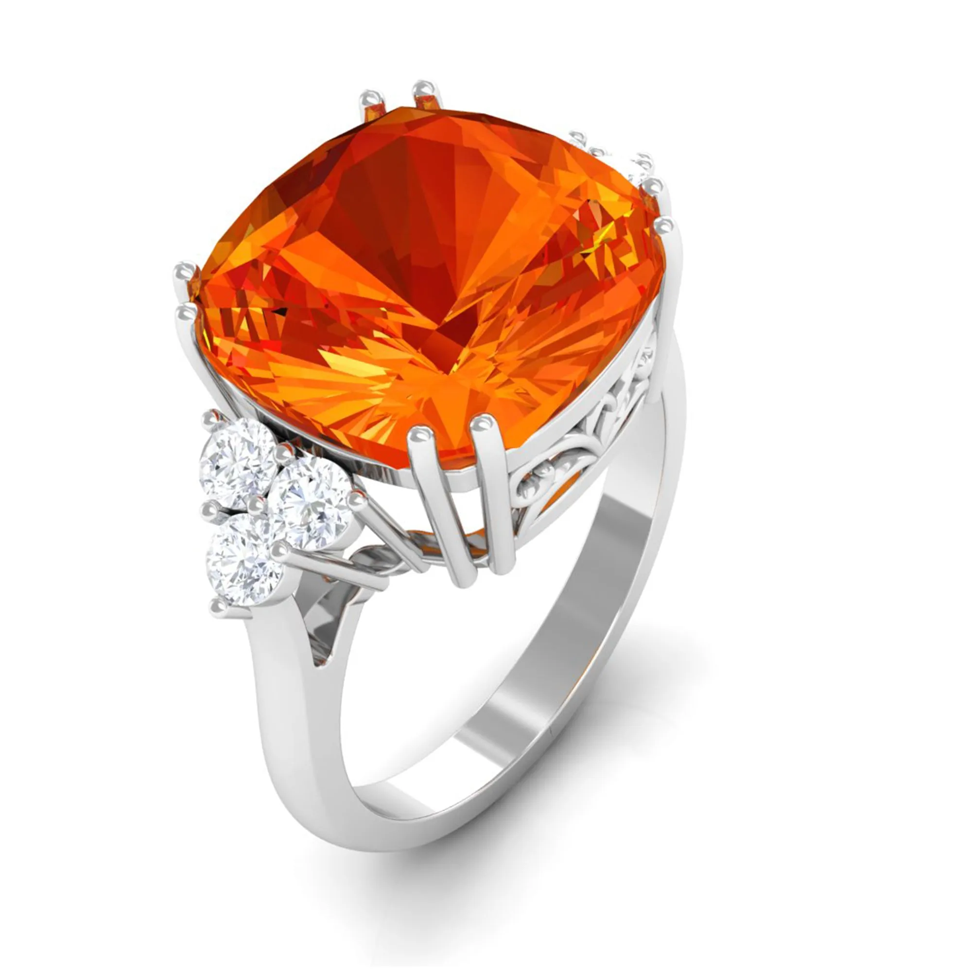 Created Orange Sapphire Cushion Cut Engagement Ring with Diamond