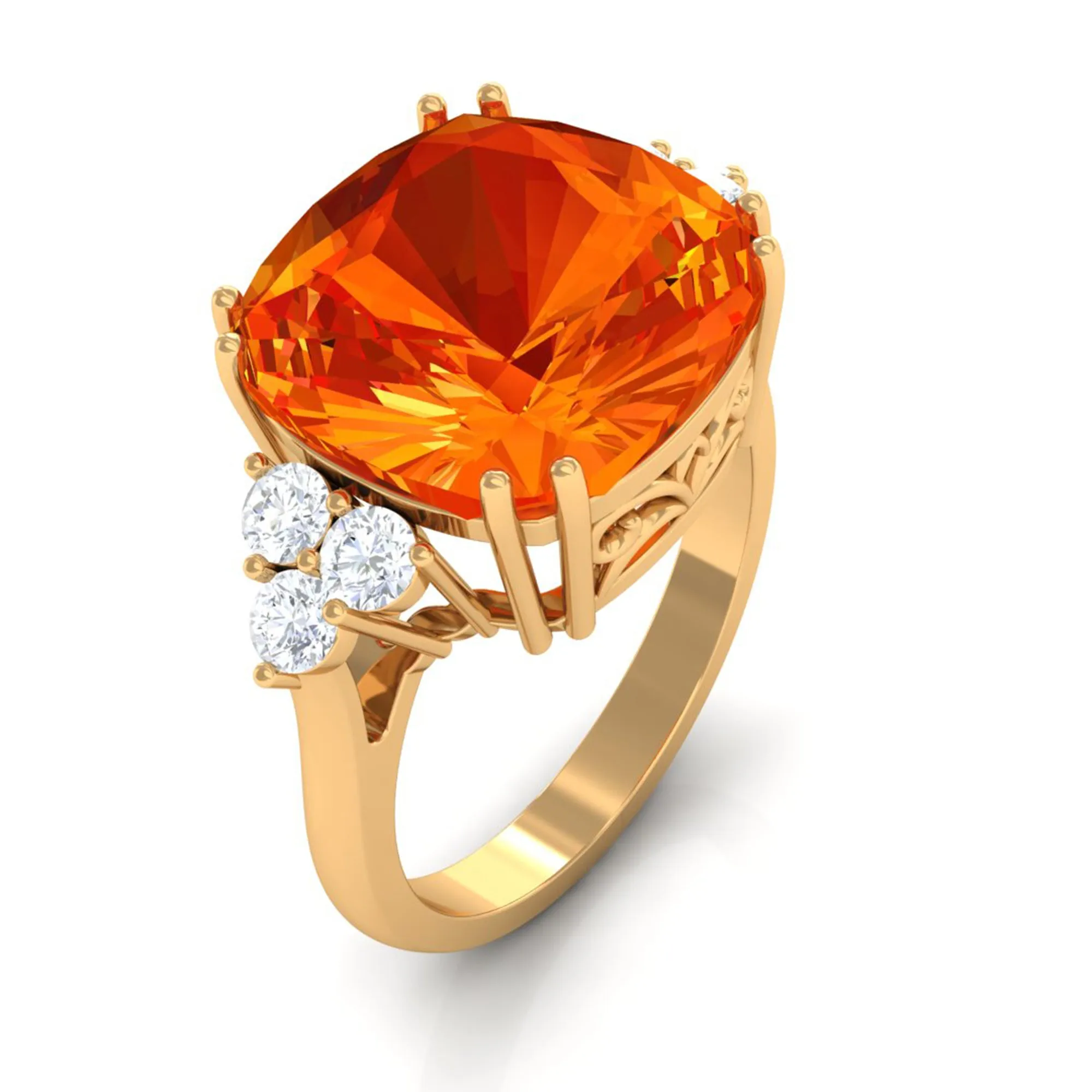 Created Orange Sapphire Cushion Cut Engagement Ring with Diamond