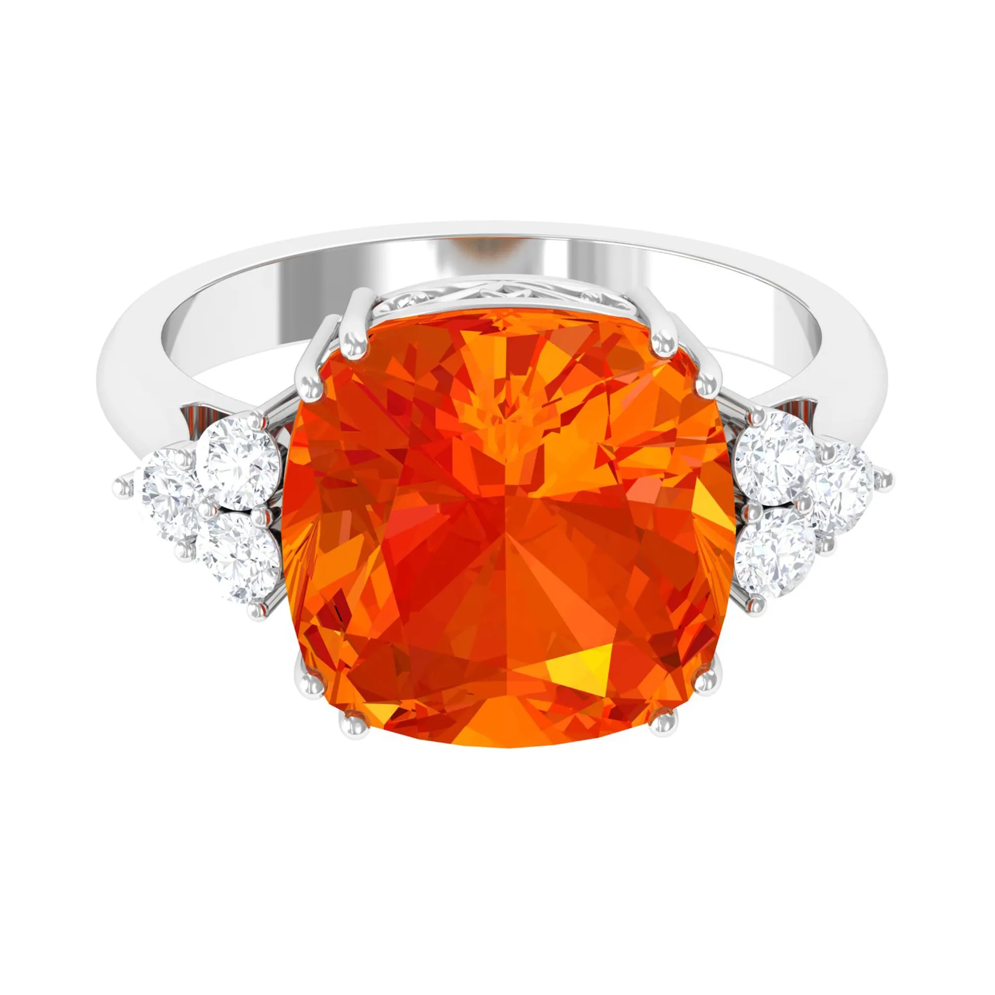 Created Orange Sapphire Cushion Cut Engagement Ring with Diamond