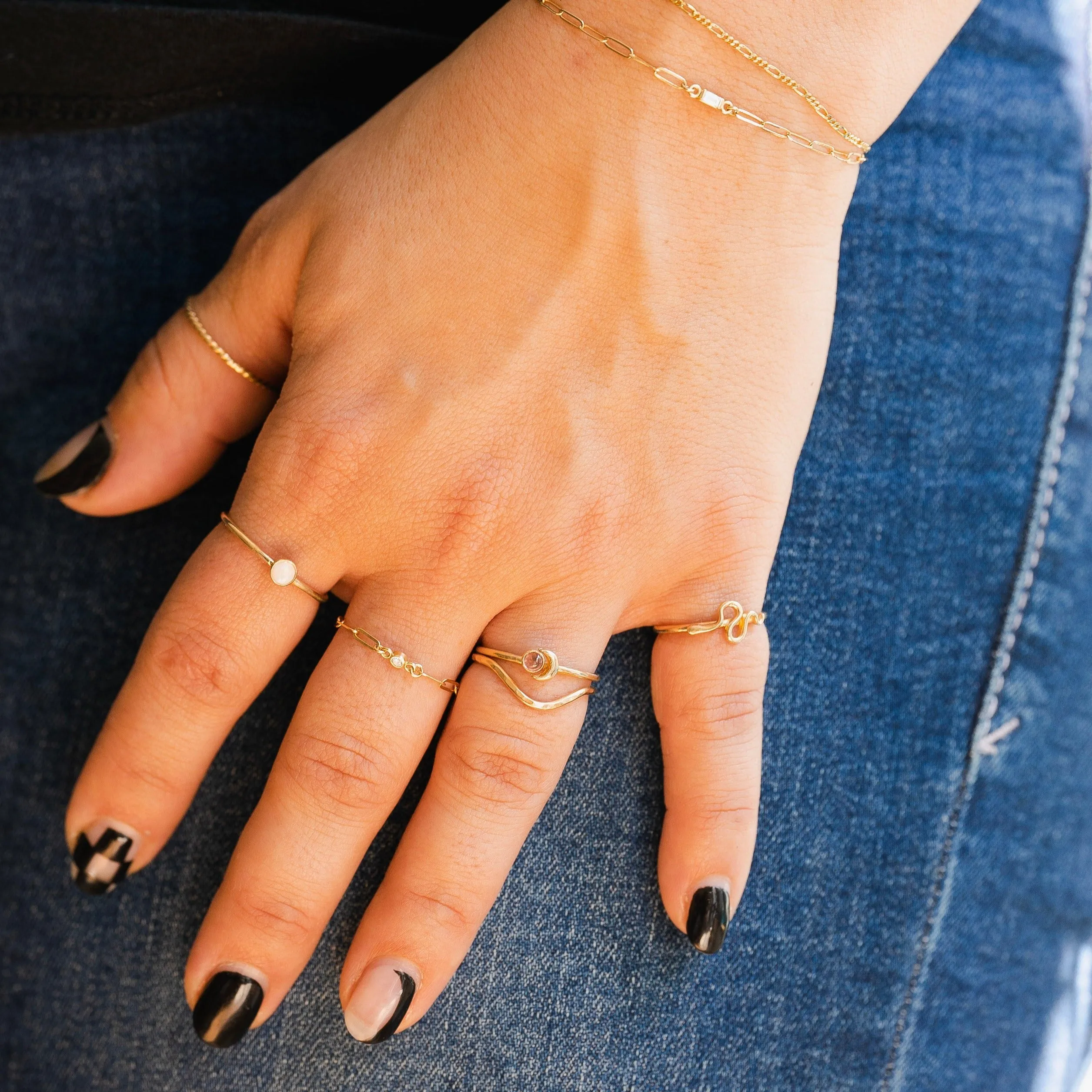 Crescent Moon and Pink Tourmaline Stacking Ring in 14 Karat Gold