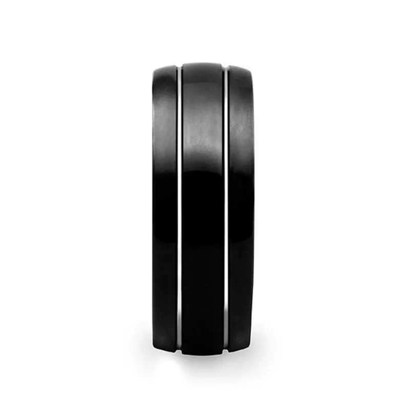 ECLIPSE | Black Tungsten Ring, Two Silver Grooves, Domed