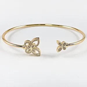 Elegant Butterfly CZ Tip Cuff Gold Tone Brass Bangle