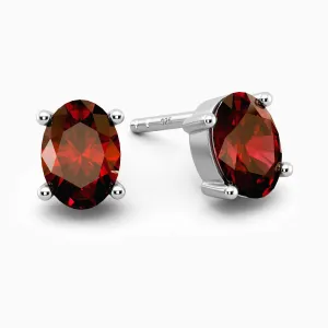 Garnet Oval Stud Earrings - 925 Sterling Silver