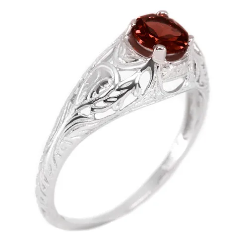 GARNET STERLING SILVER VINTAGE STYLE SOLITAIRE RING FLORAL NATURAL RED ROUND