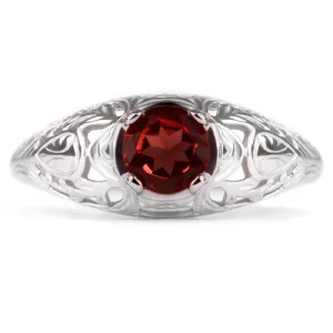 GARNET STERLING SILVER VINTAGE STYLE SOLITAIRE RING FLORAL NATURAL RED ROUND