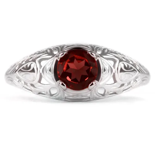 GARNET STERLING SILVER VINTAGE STYLE SOLITAIRE RING FLORAL NATURAL RED ROUND