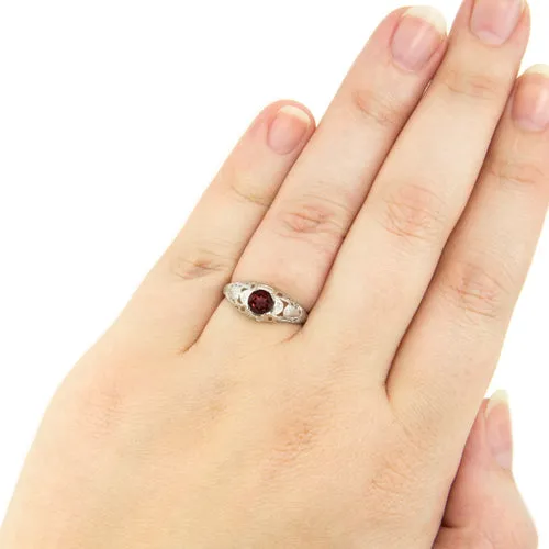 GARNET STERLING SILVER VINTAGE STYLE SOLITAIRE RING FLORAL NATURAL RED ROUND