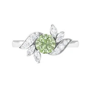 Green Sapphire Flower Engagement Ring with Diamond