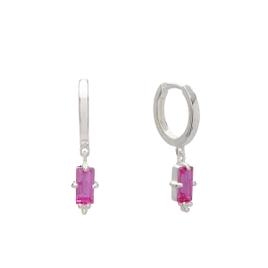 Huggie with Hanging Deep Pink Quartz Baguette | Sterling Silver