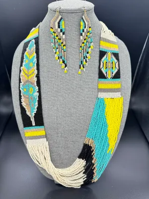 Indigenous Handcrafted Beaded Necklace and Earring set 'Feather'