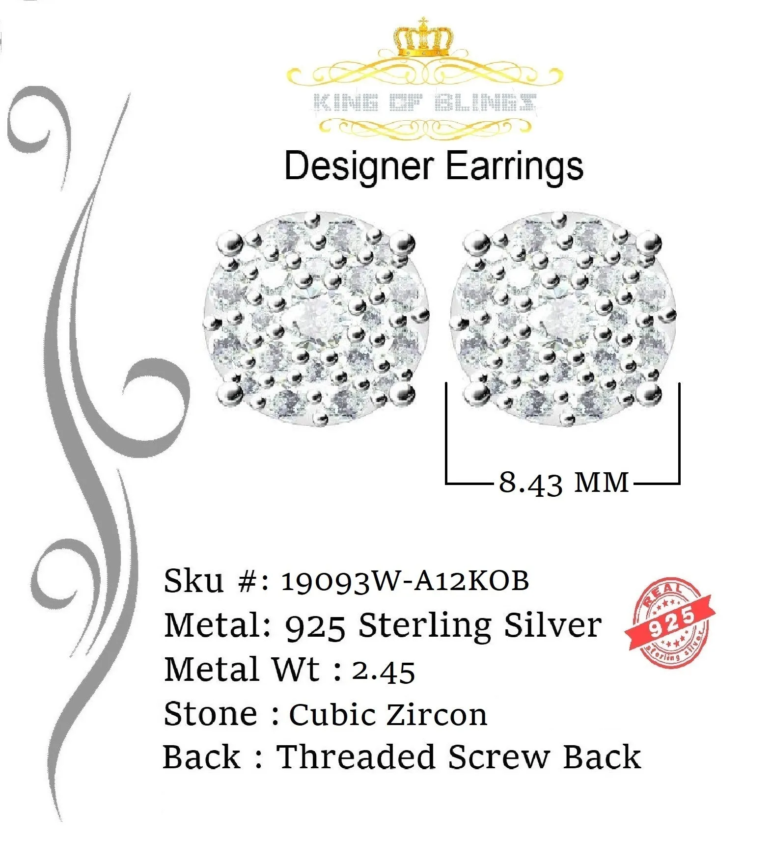 King of Blings- Aretes Para Hombre 925 White Silver 1.22ct Cubic Zirconia Round Women's Earring