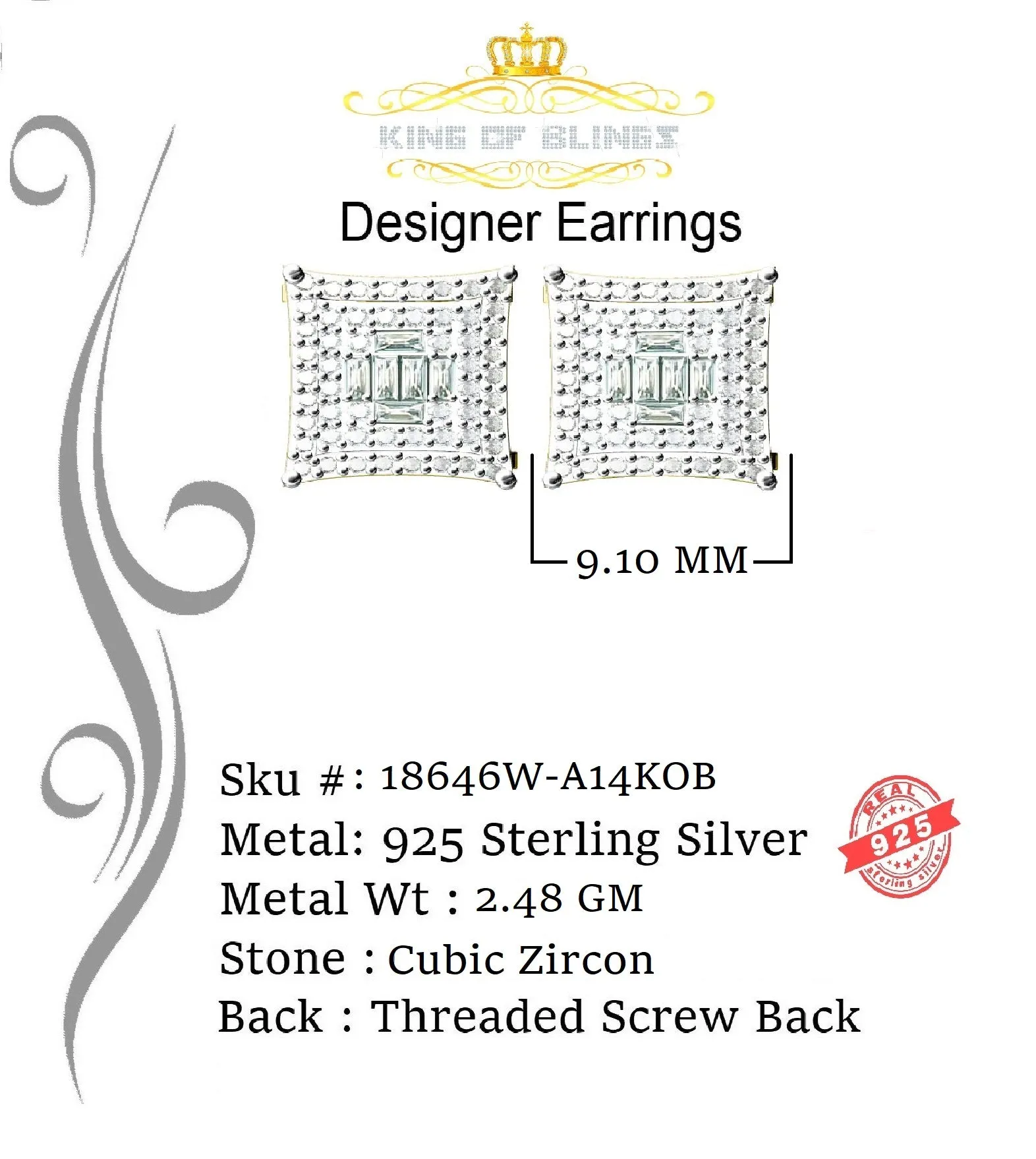 King of Blings- White 925 Sterling Silver 0.72ct Cubic Zirconia Hip Hop Women's Square Earrings