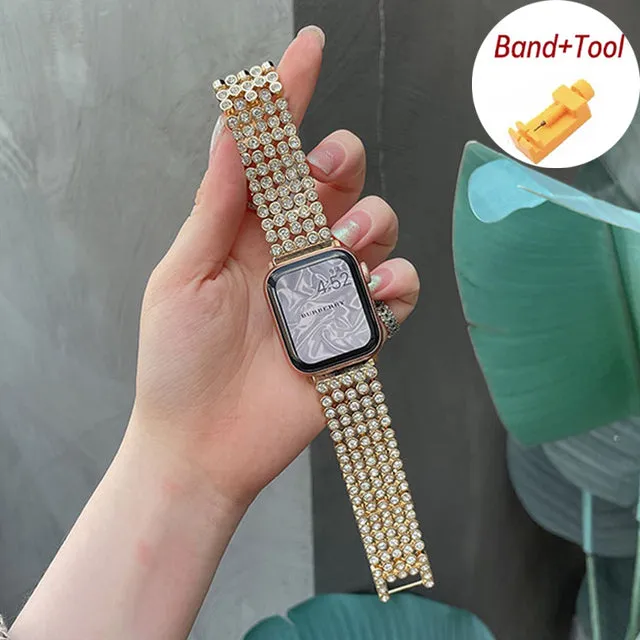 Lady Luxury Diamond Gold Strap For Apple Watch Band Series 7 6 5 4 Ring Link Bracelet iWatch 38/40/41mm 42/44/45mm Wristband |Watchbands|