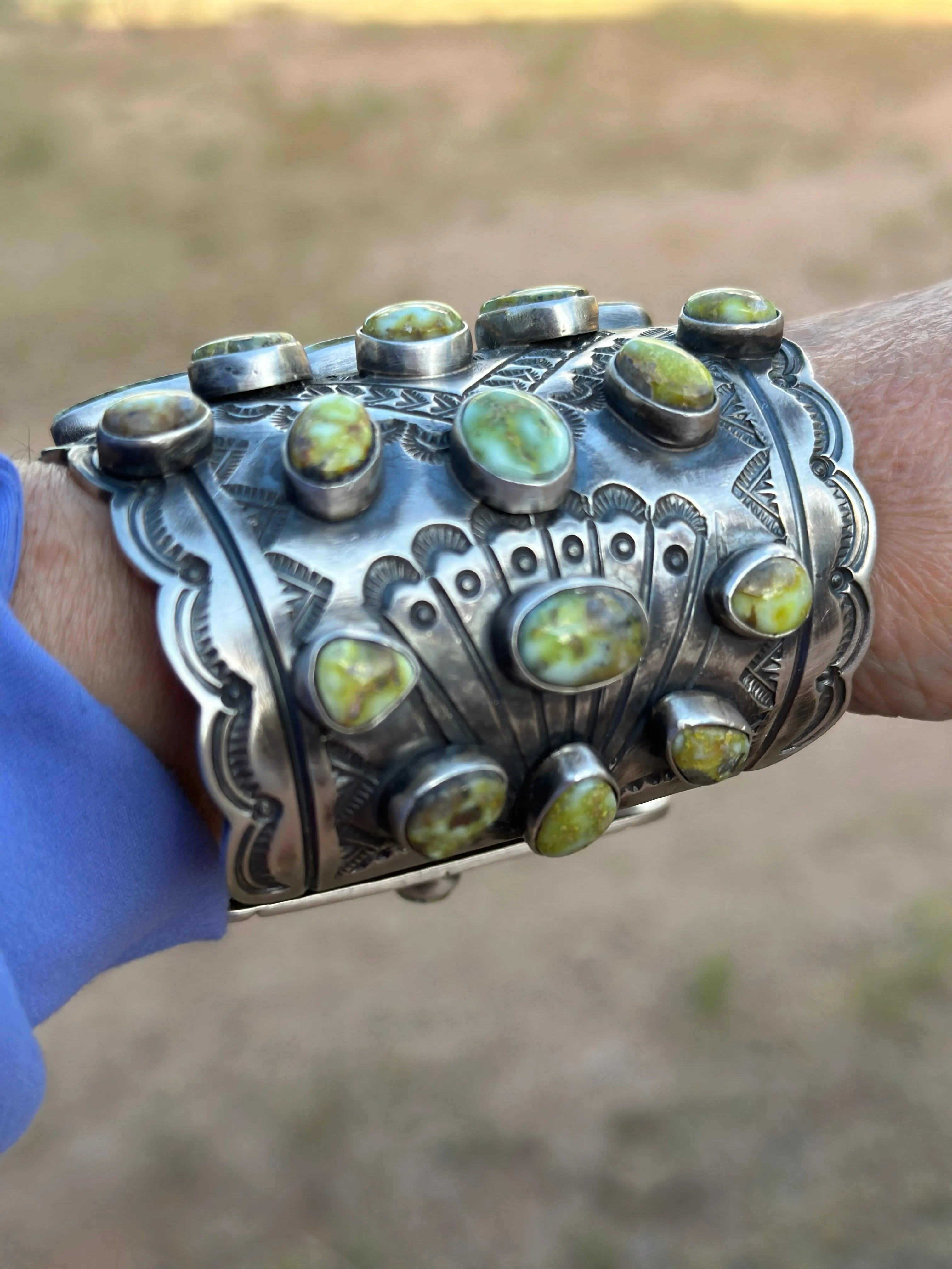 Larry James Navajo Palomino Turquoise & Sterling Silver Cluster Cuff Bracelet