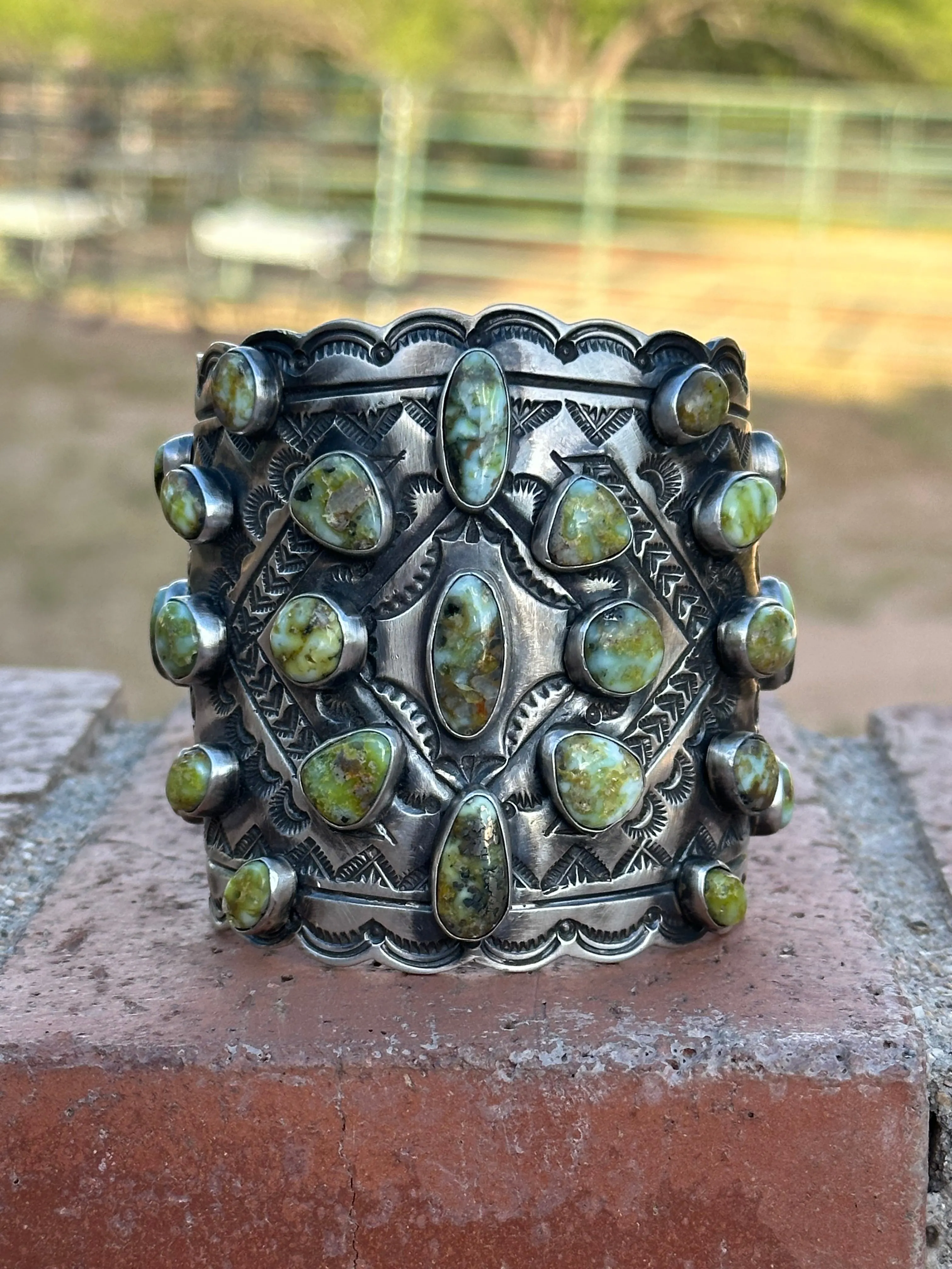 Larry James Navajo Palomino Turquoise & Sterling Silver Cluster Cuff Bracelet