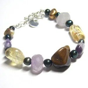 Lovely Pearl, Amethyst, Citrine, Tiger Eye Silver Bracelet