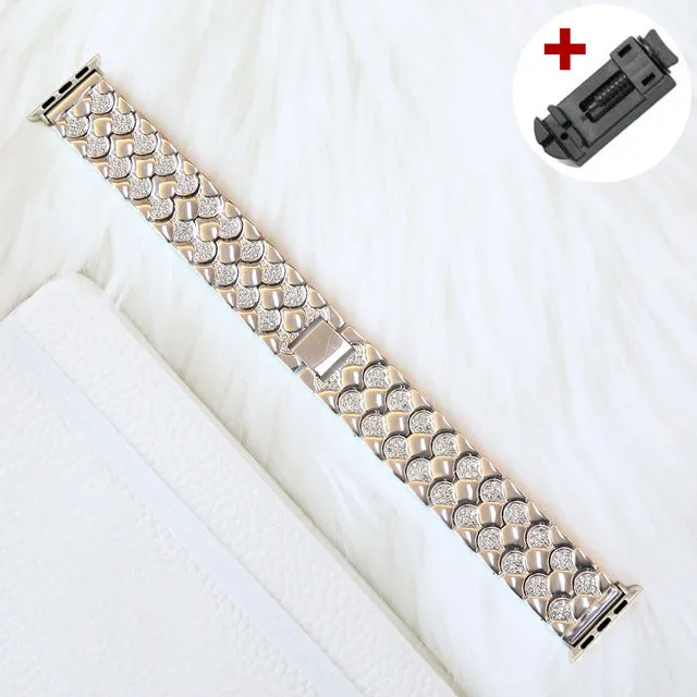 Luxury Diamond Fish Scales Strap For Apple Watch Metal Band Series 7 6 5 4 iWatch 38/40/41mm 42/44/45mm Premium Steel Bracelet |Watchbands|