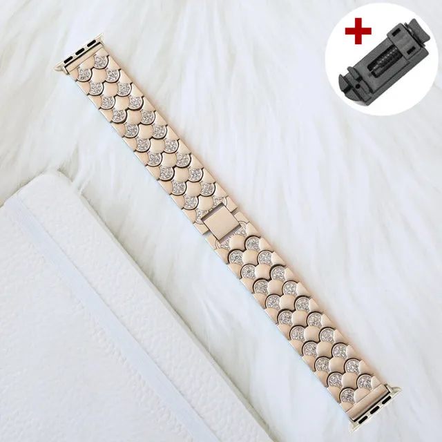 Luxury Diamond Fish Scales Strap For Apple Watch Metal Band Series 7 6 5 4 iWatch 38/40/41mm 42/44/45mm Premium Steel Bracelet |Watchbands|