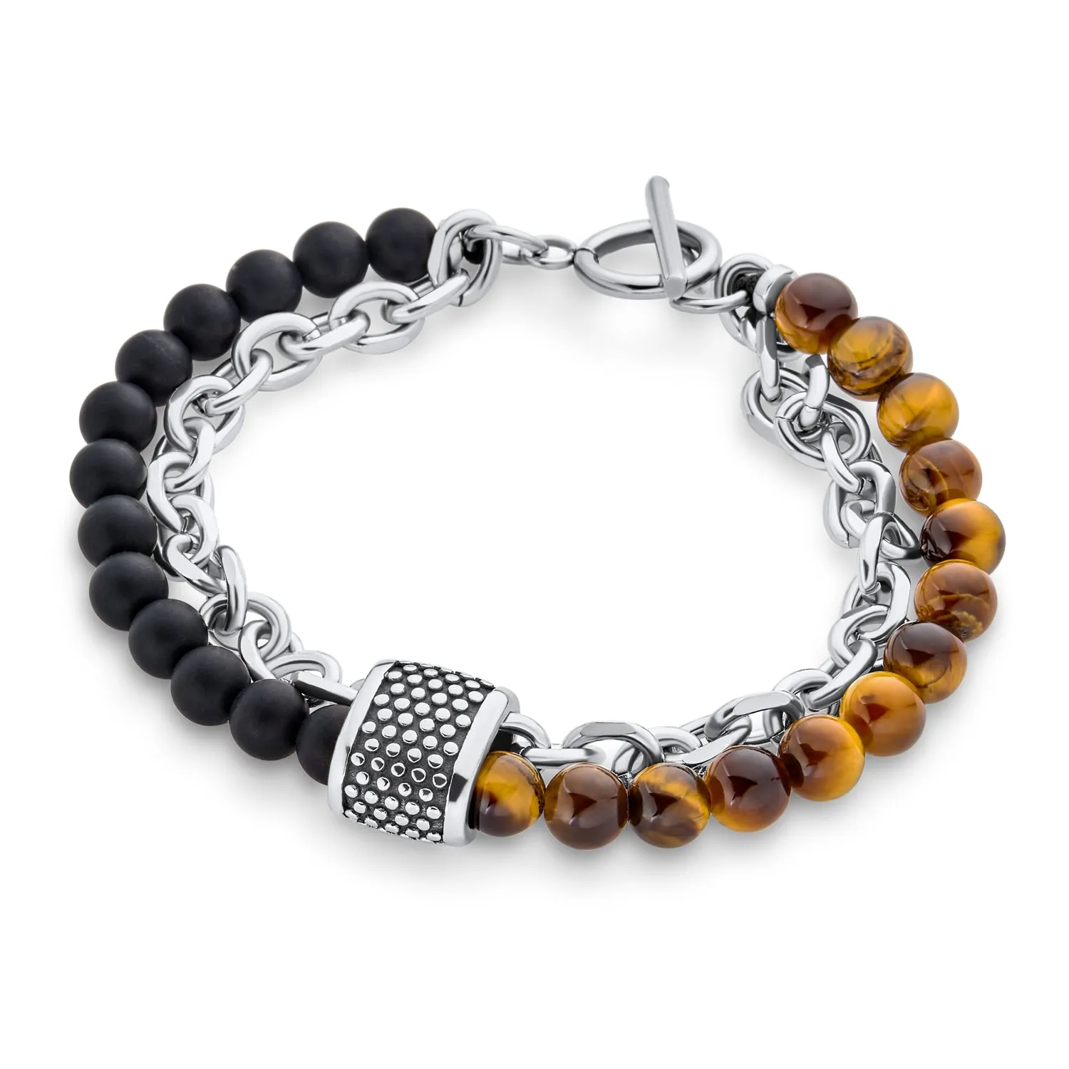 Mixed Two Tone Stretch Bracelet with Gemstone Beads & Silver Toggle Clasp