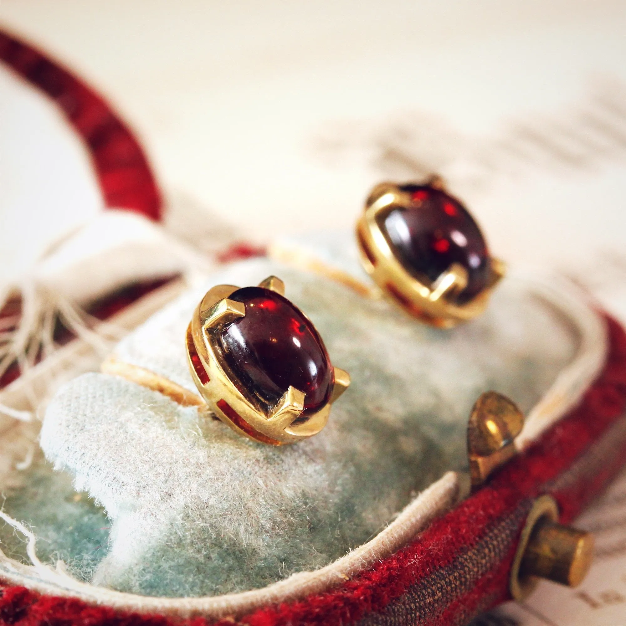 Modernist Styled Garnet Cabochon Stud Earrings