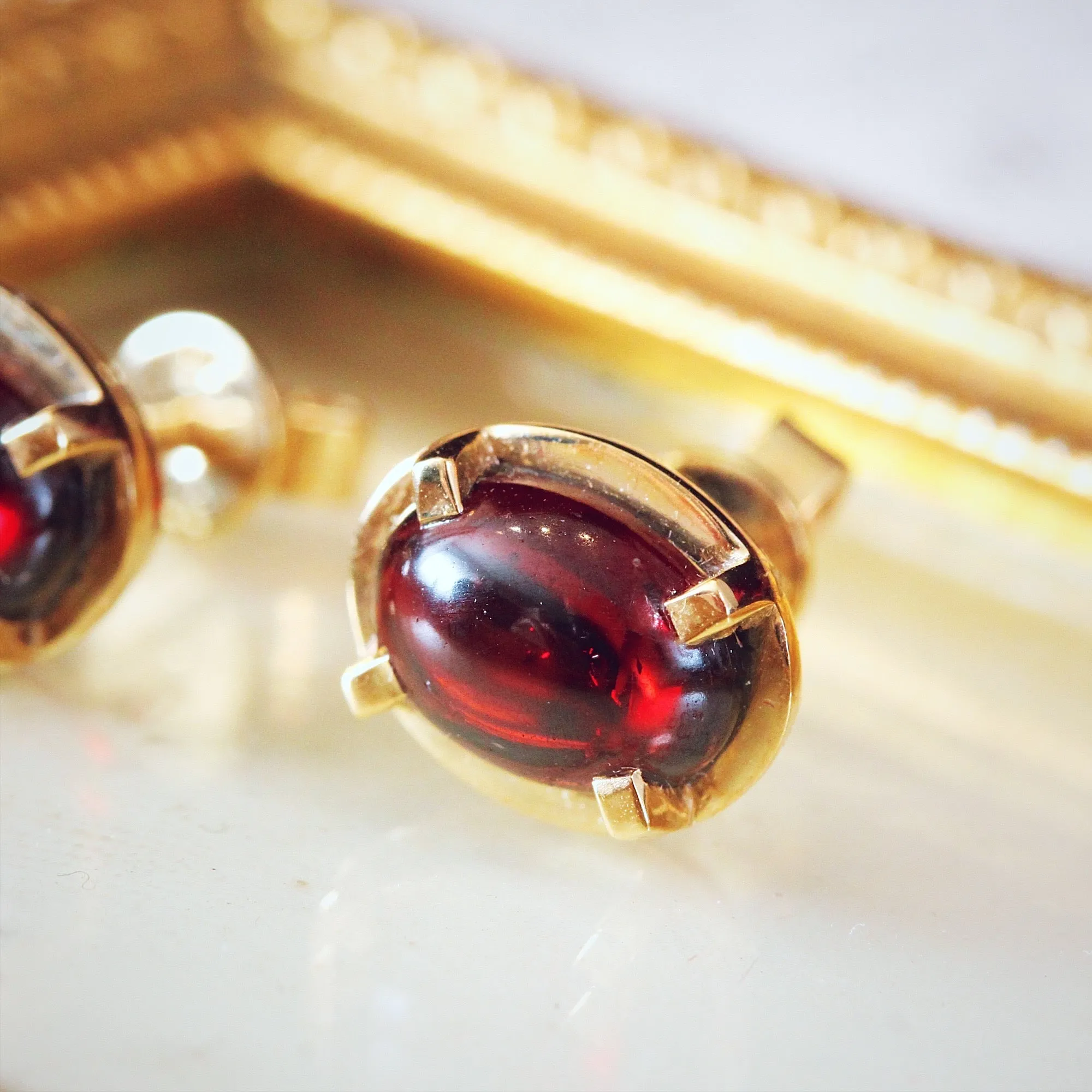 Modernist Styled Garnet Cabochon Stud Earrings