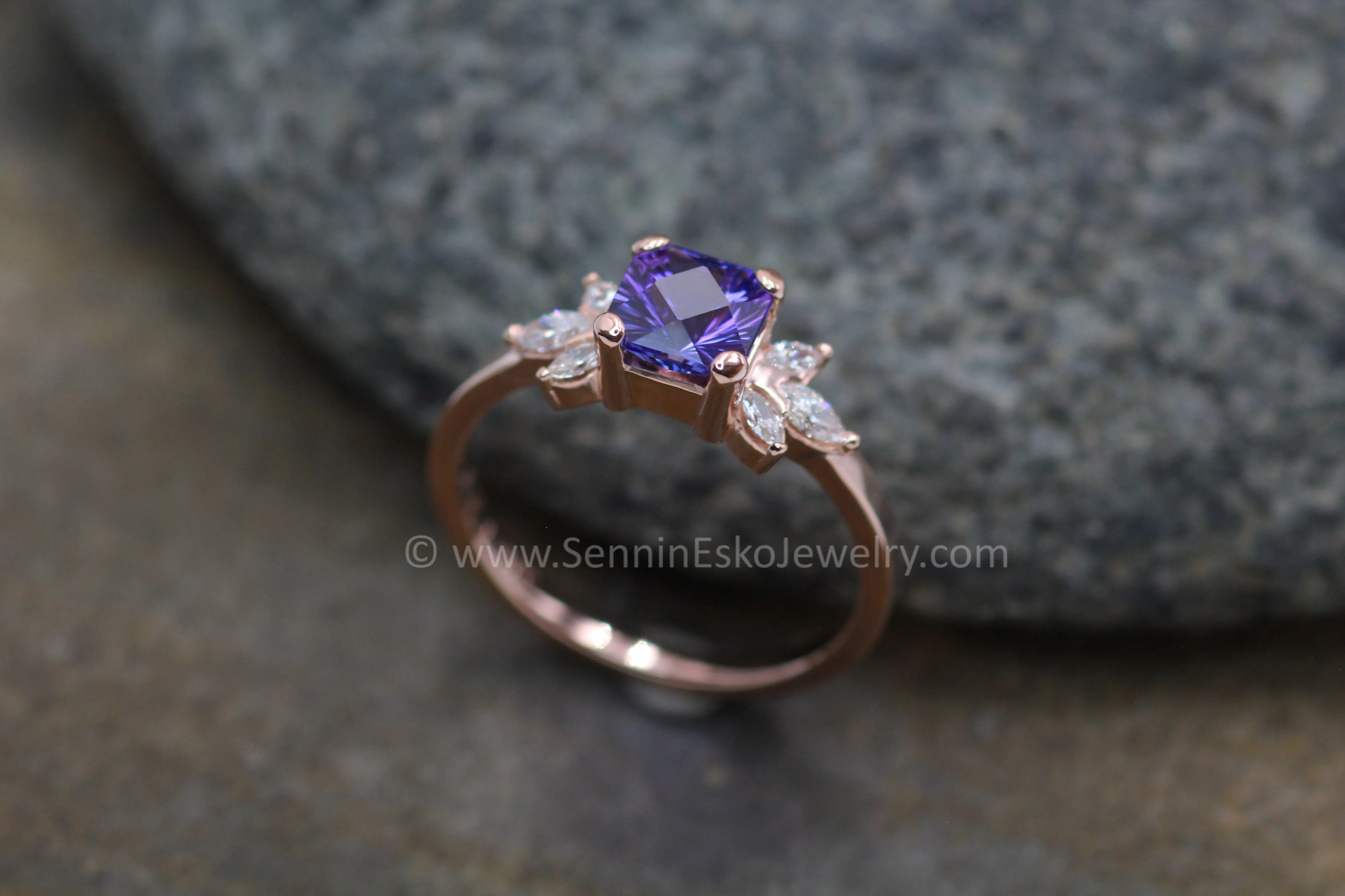 Multi Prong Setting with Diamond Marquise Accents - Depicted with a 1.3 carat Fantasy Cut Tanzanite (Setting Only, Center Stone Sold Separately)