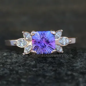 Multi Prong Setting with Diamond Marquise Accents - Depicted with a 1.3 carat Fantasy Cut Tanzanite (Setting Only, Center Stone Sold Separately)