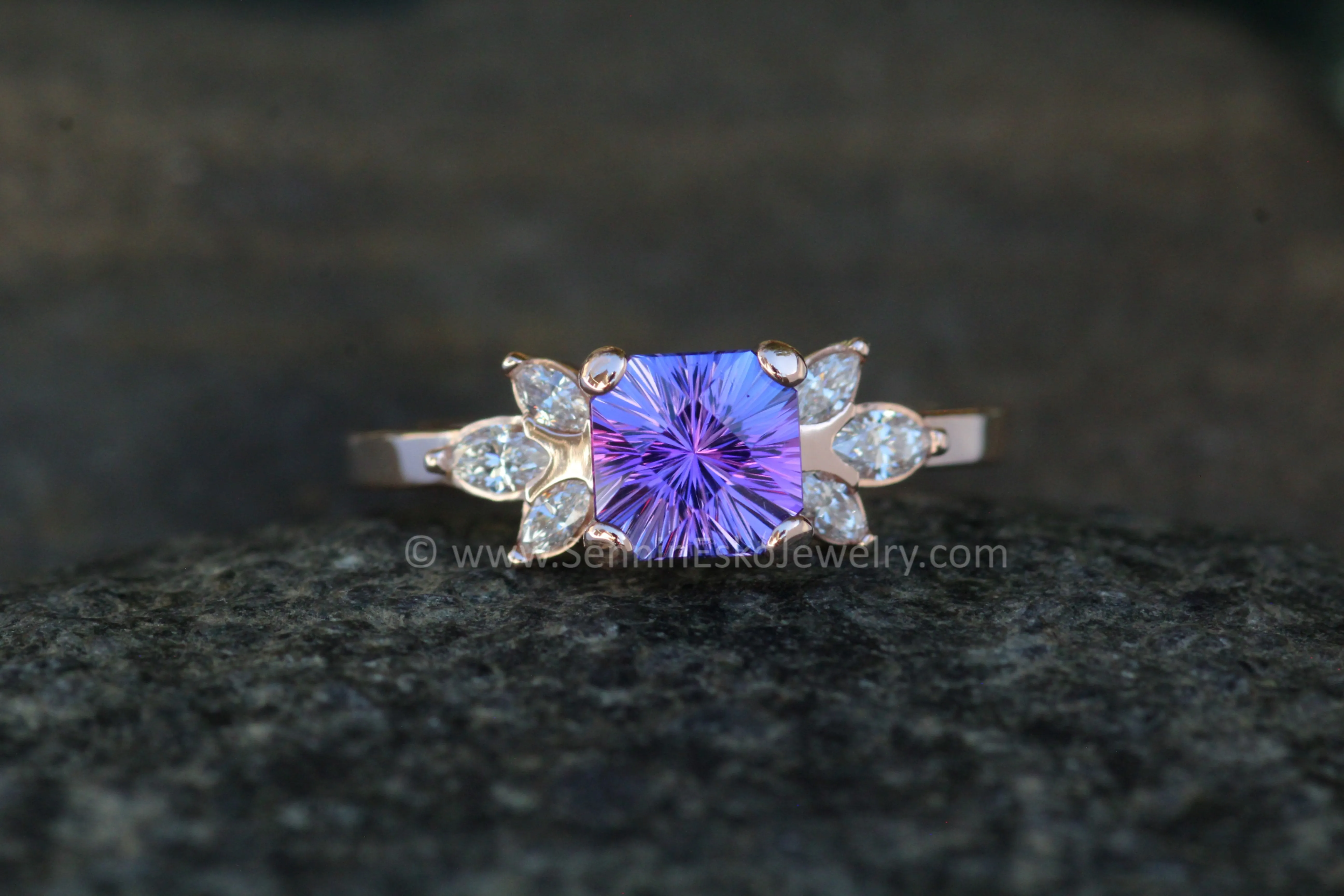 Multi Prong Setting with Diamond Marquise Accents - Depicted with a 1.3 carat Fantasy Cut Tanzanite (Setting Only, Center Stone Sold Separately)