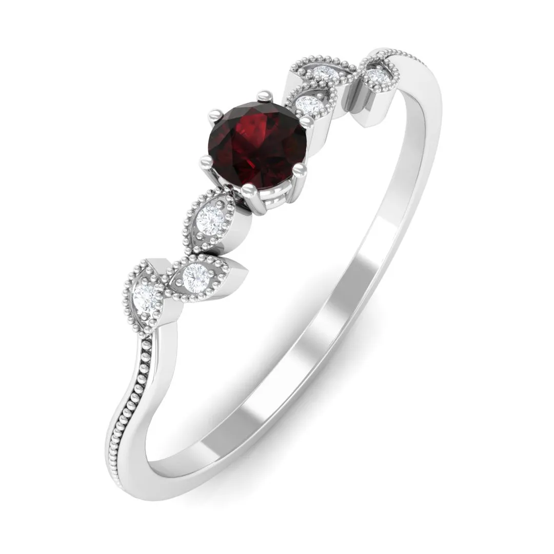 Natural Garnet Solitaire Leaf Inspired Promise Ring with Beaded Details