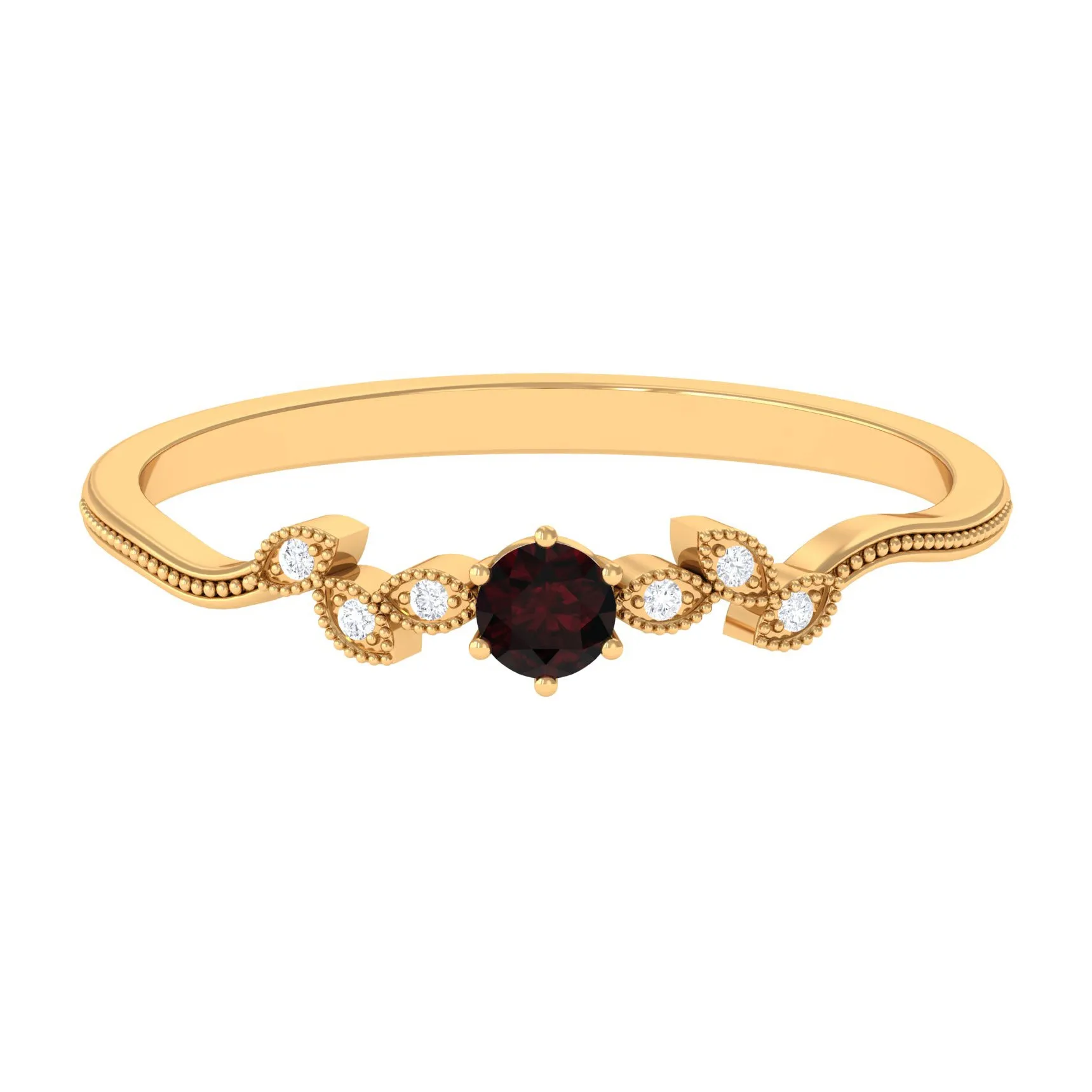 Natural Garnet Solitaire Leaf Inspired Promise Ring with Beaded Details