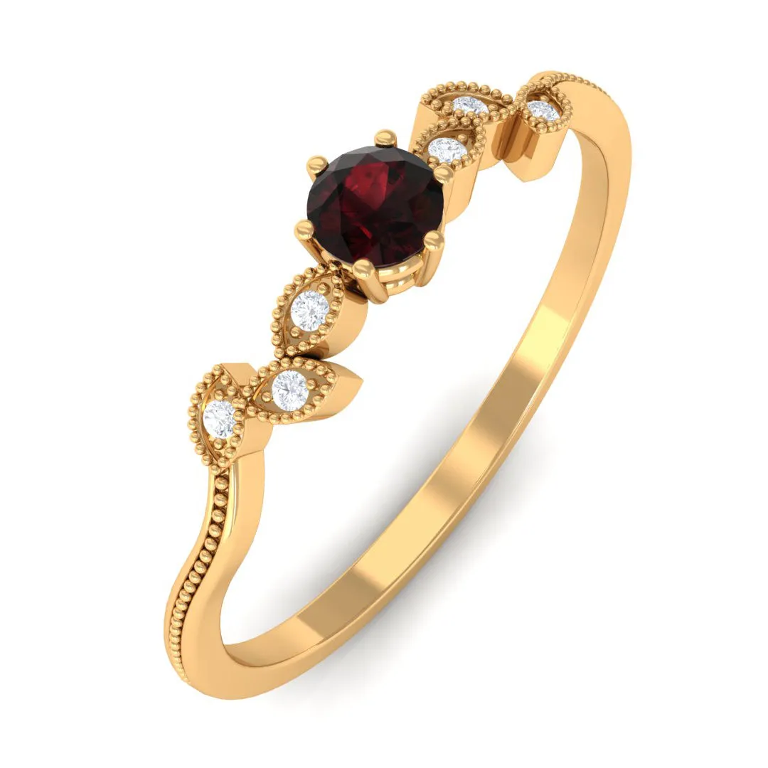 Natural Garnet Solitaire Leaf Inspired Promise Ring with Beaded Details