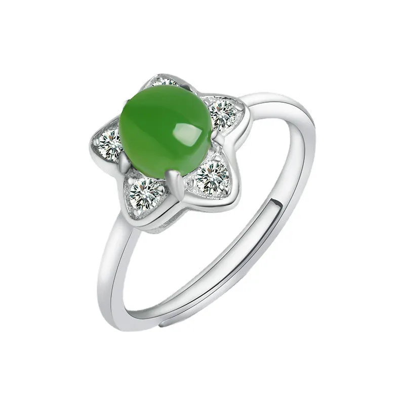 Natural Jade Ring Nephrite Silver Zircon Adjustable Ring ZNRG120