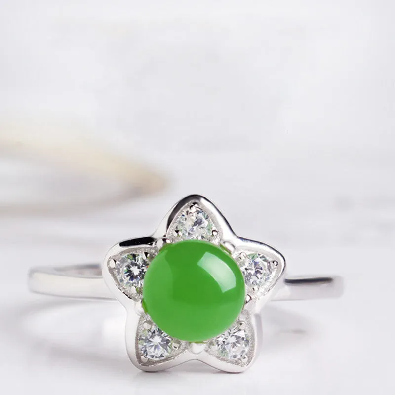 Natural Jade Ring Nephrite Silver Zircon Adjustable Ring ZNRG120