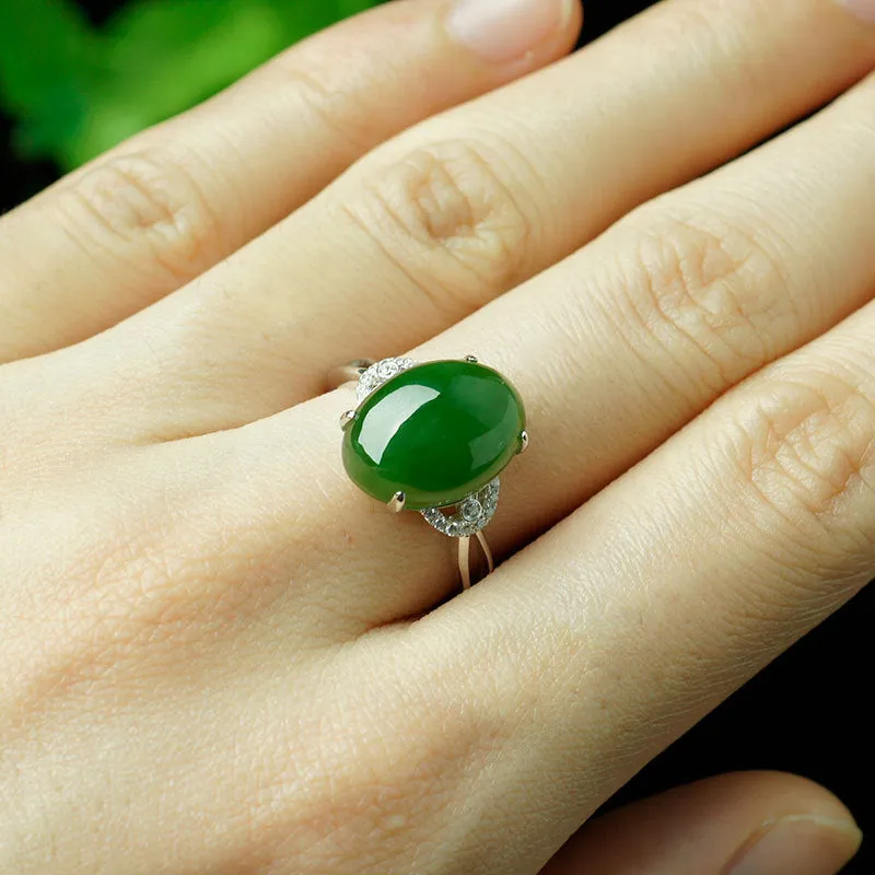 Natural Jade Ring Nephrite Silver Zircon Adjustable Ring ZNRG136