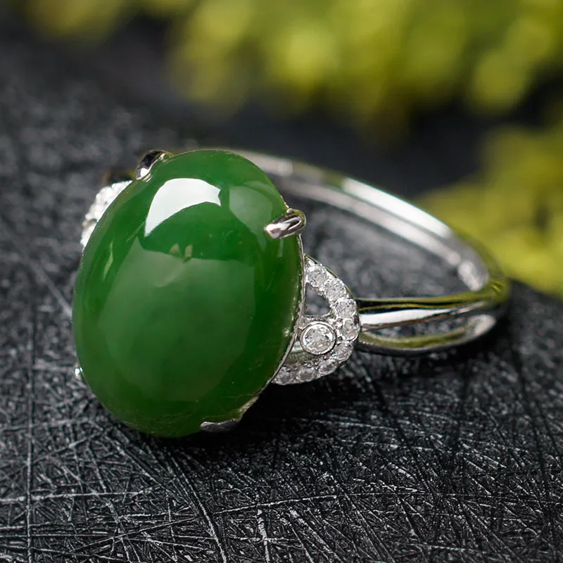 Natural Jade Ring Nephrite Silver Zircon Adjustable Ring ZNRG136