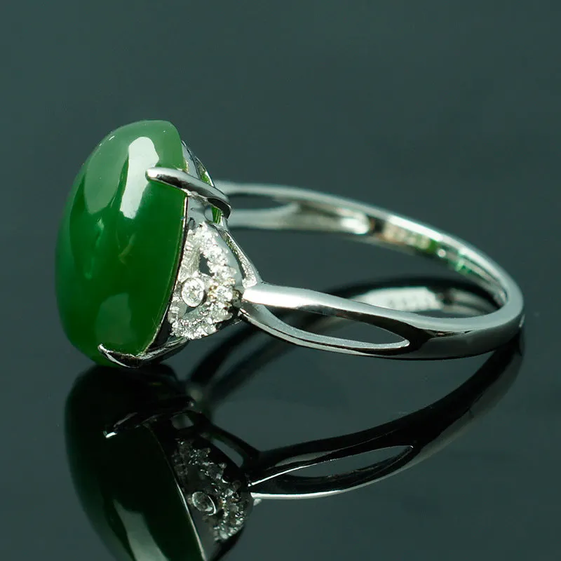 Natural Jade Ring Nephrite Silver Zircon Adjustable Ring ZNRG136