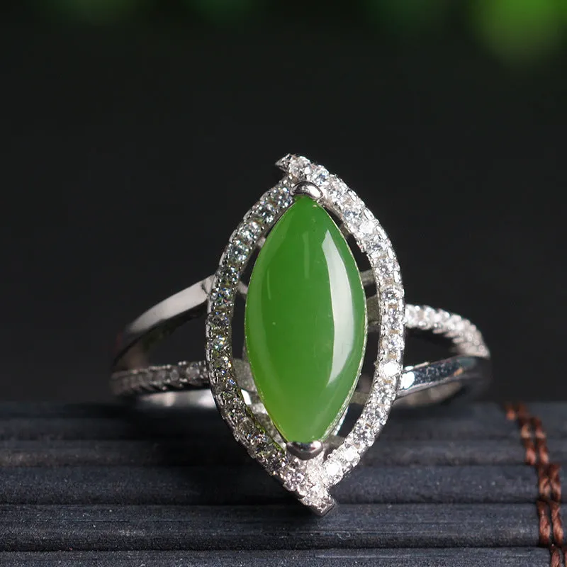 Natural Jade Ring Nephrite Silver Zircon Adjustable Ring ZNRG137