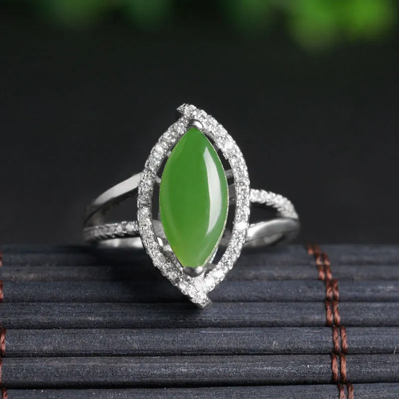 Natural Jade Ring Nephrite Silver Zircon Adjustable Ring ZNRG137