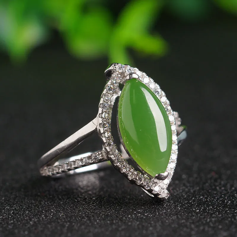 Natural Jade Ring Nephrite Silver Zircon Adjustable Ring ZNRG137