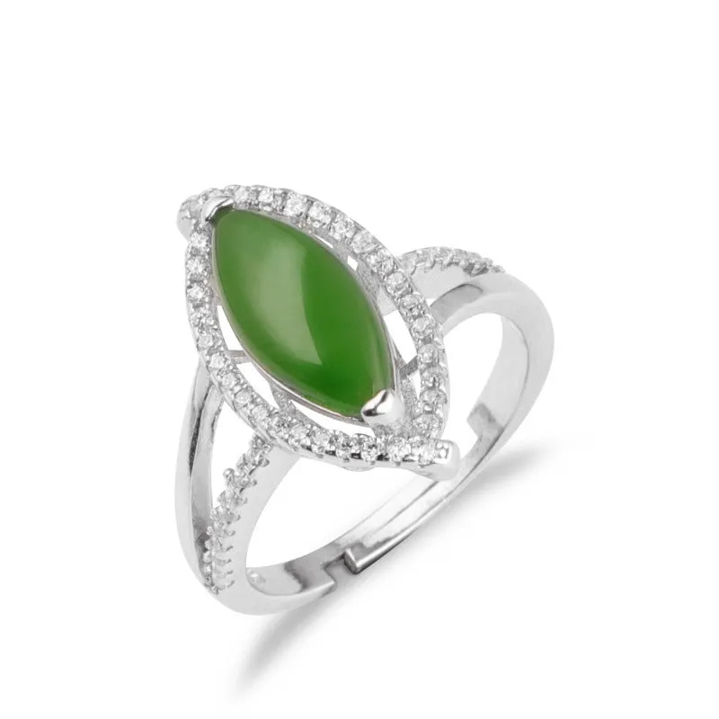 Natural Jade Ring Nephrite Silver Zircon Adjustable Ring ZNRG137