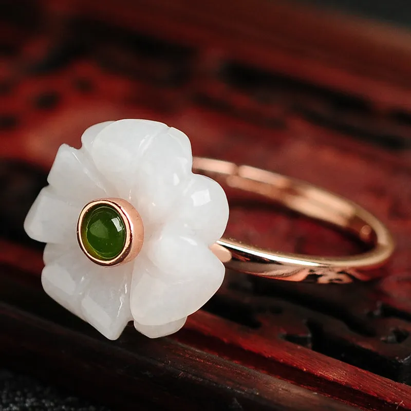 Natural Jadeite&Nephrite Adjustable Jade Flower Ring WR21